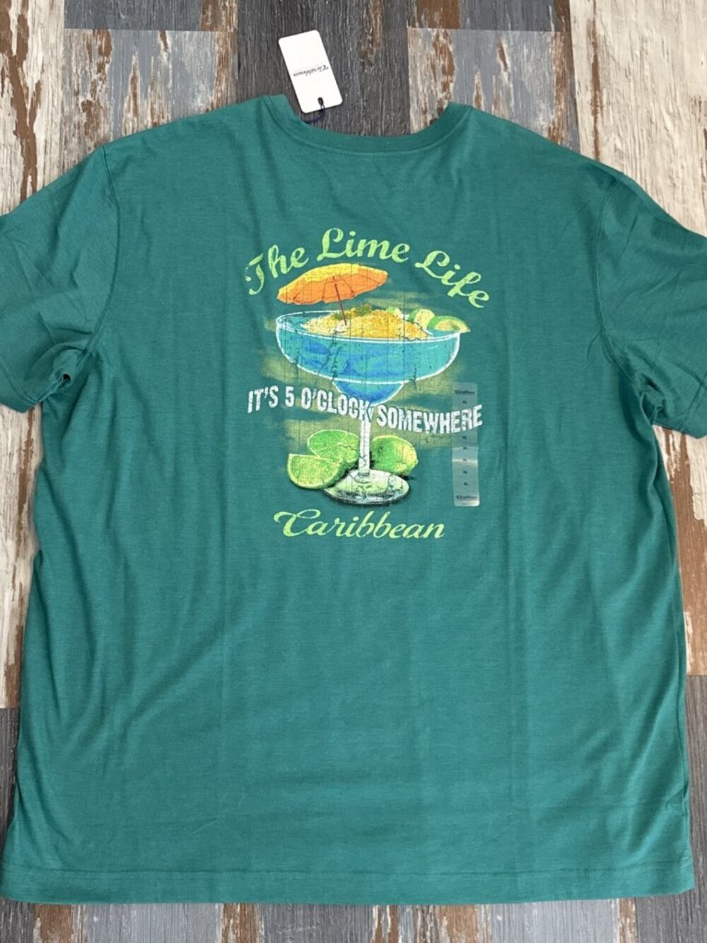 Caribbean Mens T Shirt XL Green 5 O'Clock Lime Cotton Graphic Short Sleeve NEW
